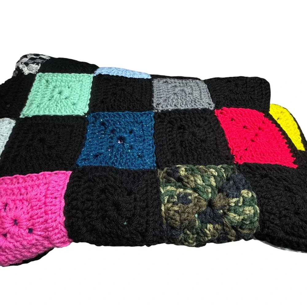 Handmade Granny Square Crochet‎ Afghan Blanket Multi-Color Patchwork Large Black